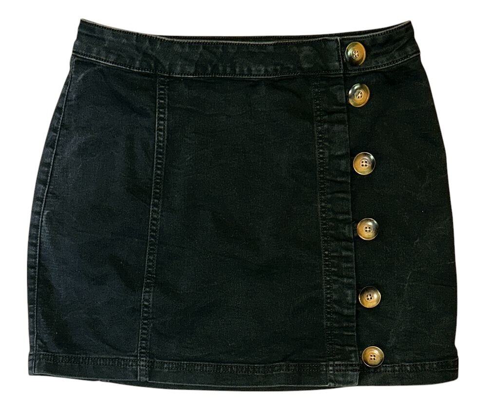 Free People Little Daisies Cotton-Blend Tortoise Buttons Black Mini Skirt 10